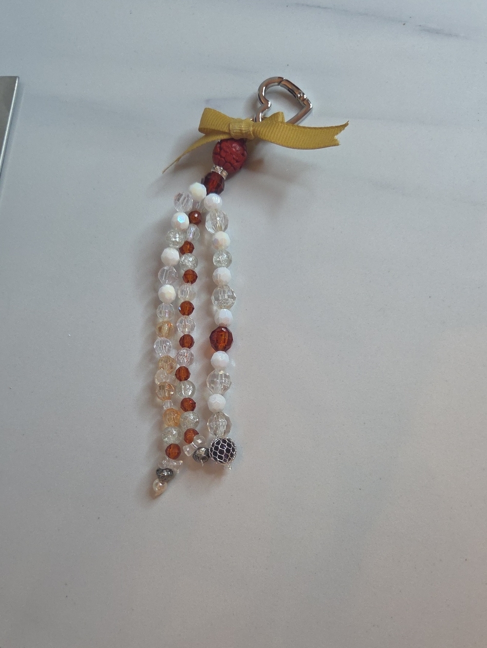 Handmade White and Amber Beaded Tassel Bag Charm